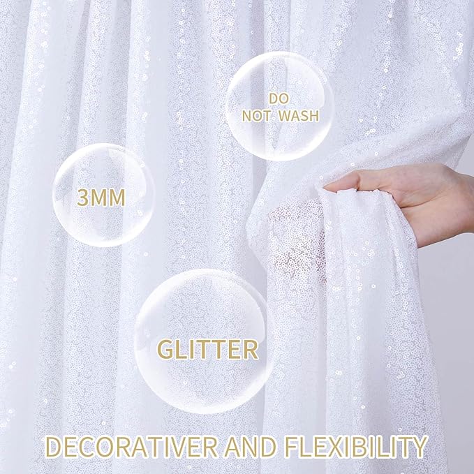 3x8FT White Backdrop Curtains 2 Panels Sequin Fabric Drapes Wedding White Curtain Backdrop Background for Birthday Party