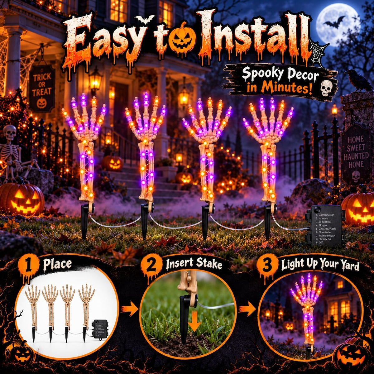 Halloween Decorations Outdoor, 4 Pcs Lighted Skeleton Hand Stakes with 200 LE...
