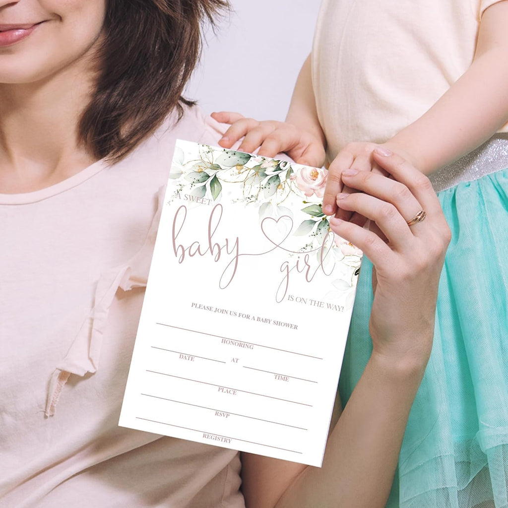 Set of 25 Baby Shower Invitations with Envelopes, Diaper Raffle Tickets and Baby Shower Book Request Cards, Floral flower