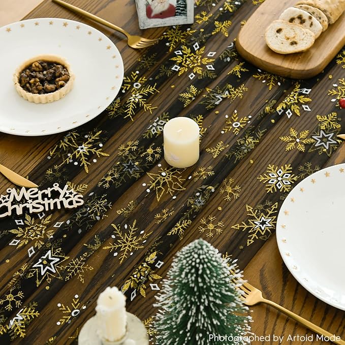 Artoid Mode Black Gold Snowflakes Christmas Gauze Table Runner 120 Inch 10FT, Winter Seasonal Sheer Dining Holiday Wedding Table Decor for Home Party