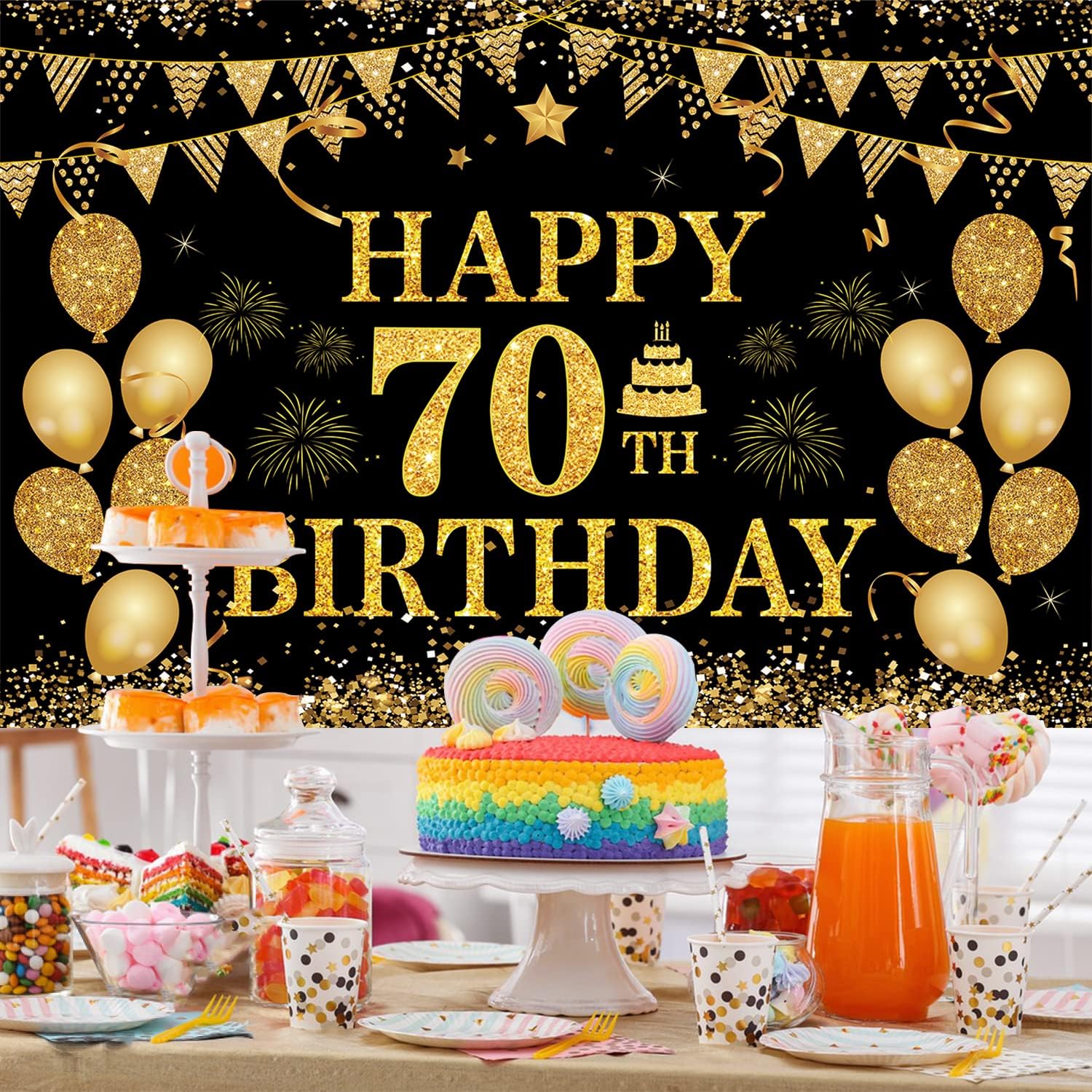 70th Birthday Decorations Happy 70th Birthday Banner for Men Women Black Gold 70 Years Birthday Party Decorations Background for Home Birthday Decor(71 x 45 inch)