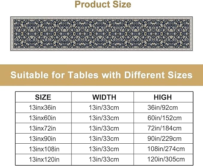 Vintage Boho Floral Table Runner, Morris Rustic Country Farmhouse Dark Blue Grey Retro Flower Pattern for Home Kitchen Table Decor Dining Coffee Room Party Decor 13x120in