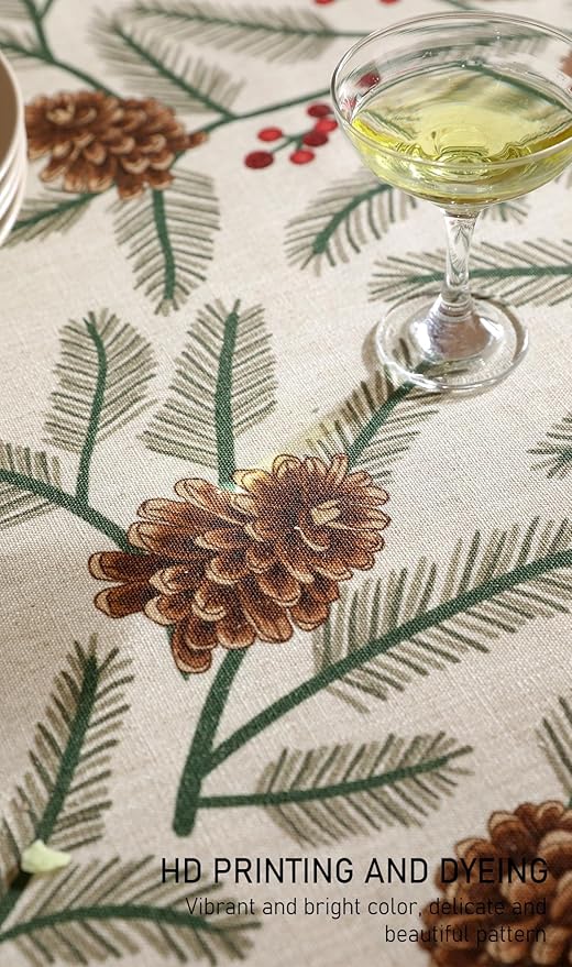 ISAENNE Designer Christmas Beige Linen Round Tablecloth,Pinecones Pattern Indoor Tablecloths,Washable Decor Table Cloth for Dining Thanksgiving Kitchen Christmas,Diameter 67"-Carol B