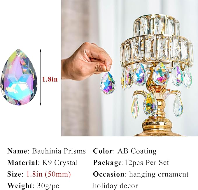 12 Pieces 50mm Crystal Prisms Chandelier Colorful Bauhinia Ornament Pendants Rainbow Maker Hanging Prisms for Wedding Party Tree Garlands Decoration DIY Jewelry