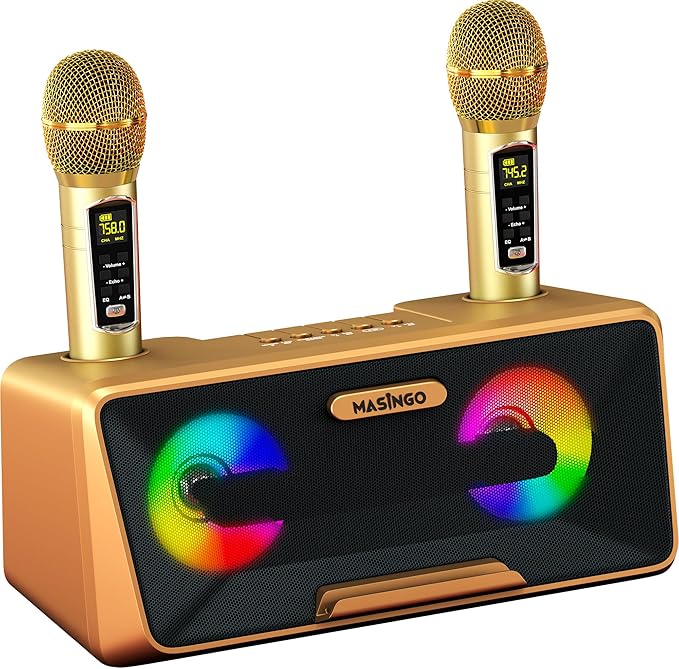 MASINGO Karaoke Machine for Adults and Kids with 2 Wireless Microphones, Portable Bluetooth Singing Speaker, Colorful LED Lights, PA System, Lyrics Display Phone Holder, and TV Cable. Presto G2 Gold