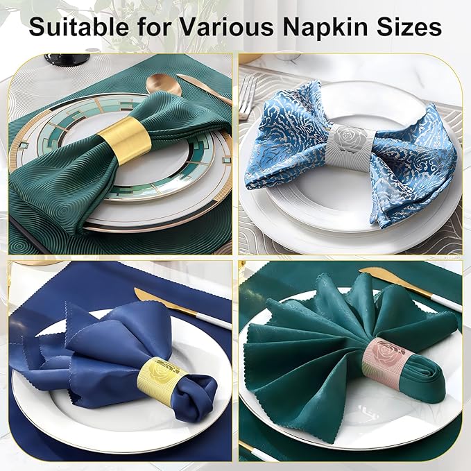 Polymer Material Reusable Napkin Band, Glue-Free Tear-Proof Water Resistant Oil-Proof Napkin Bands Set of 200(Assorted 4 Front Colors and Back Silver), 6 Adjustable Sizes Napkin Rings