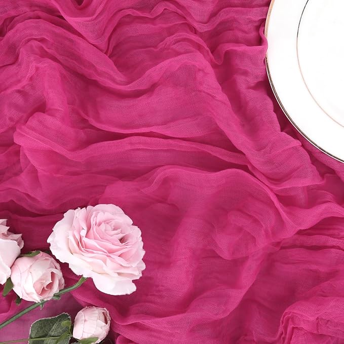 6 Pack Hot Pink Cheesecloth Table Runner Summer Sheer Fuschia Cheese Cloth Table Runner Boho Gauze 120 Inches Summer Table Decorations for Weddings Bridal Baby Shower Birthday Parties