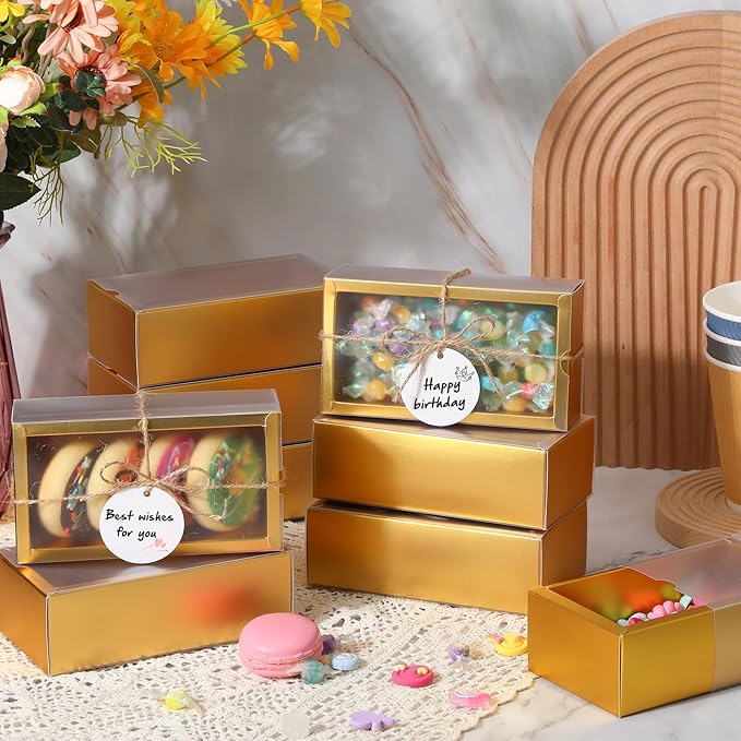 Roowest 50 Sets Kraft Soap Boxes Rectangle Packaging Box with Window Homemade Gift Box with Blank Tags and Jute String for Jewelry Candy Wrapping Party Favor(6.3 x 3.5 x 2 Inch,Gold)