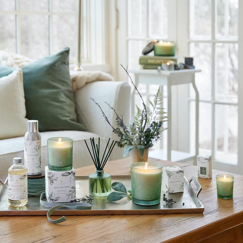 Thymes Scented Candles for Home Decor - Luxury Home Fragrance Gifts for Women & Men - Winter Candles with Crisp Notes of Sage, Eucalyptus, & Cypress Needles - Sage-Green (Highland Frost, 2 oz)