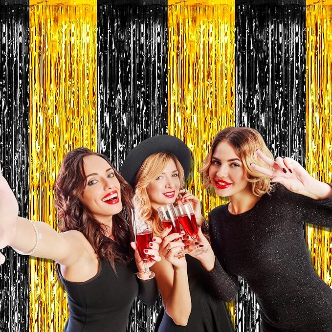 4 Pack Black Gold Foil Fringe Curtain Backdrop, 3.28Ft x 8.2Ft Metallic Tinsel Foil Fringe Streamers Curtains for Photo Booth, Wedding, Graduation, Birthday, Carnival Party Decoration