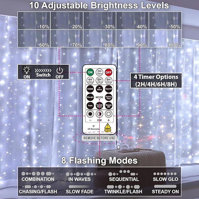 HXWEIYE 300LED Fairy Curtain Lights, 9.8x9.8Ft USB Plug-in 8 Modes Christmas String Hanging Lights with Remote for Bedroom Backdrop Wedding Party Indoor Wall Decor, White