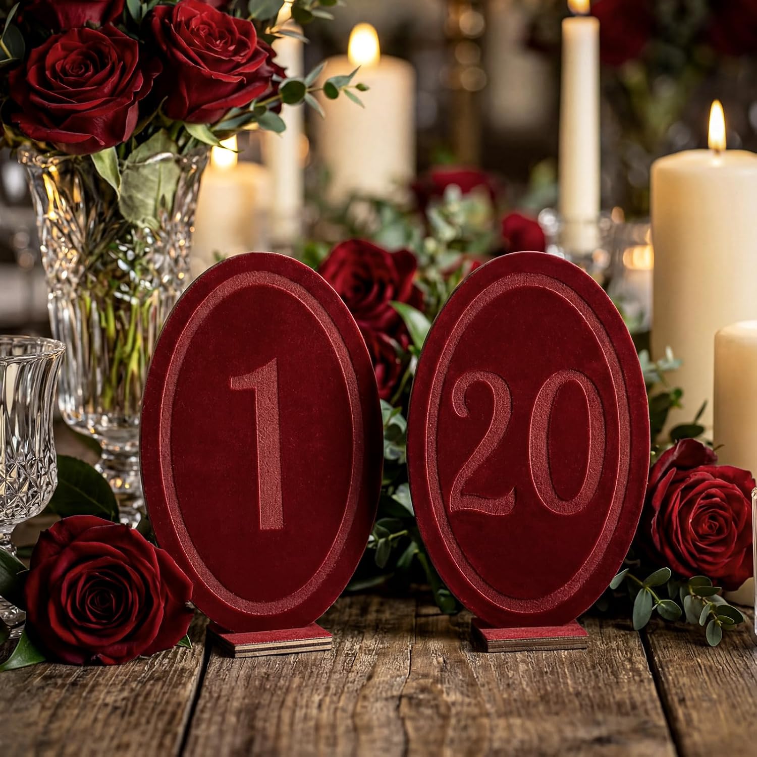 Yookeer Wedding Velvet Table Numbers 1-20 Wood Wedding Bar Sign with Stand Burgundy Oval Table Numbers for Reception Wooden Tables Markers for Anniversary, Event, Party