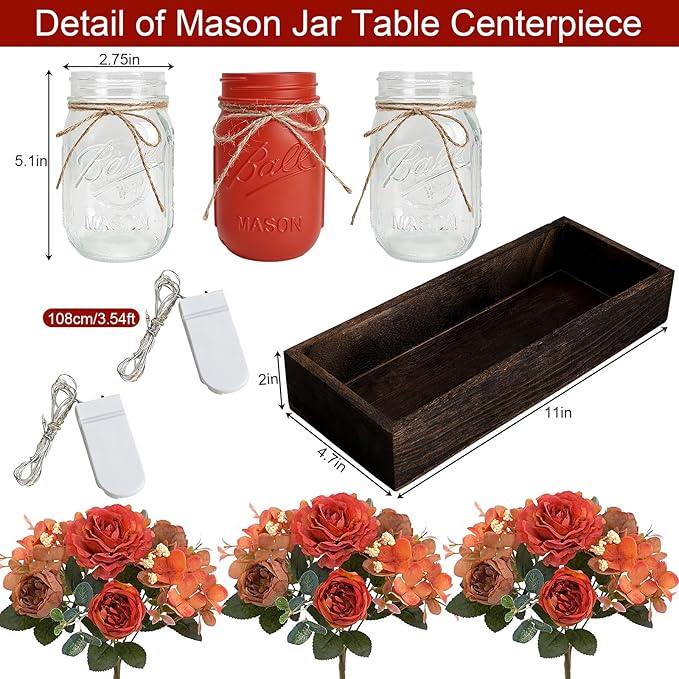 Fall Mason Jar Lights Centerpieces, Thanksgiving Centerpiece for Table, Coffee Table Decorative Jars with Wood Tray Fairy Lights Fake Peony Flowers for Dining Room Kitchen Living Decor - Orange