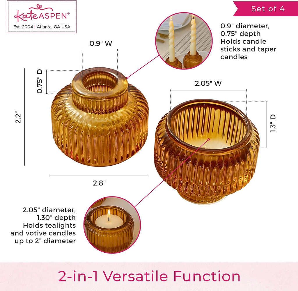 Kate Aspen Amber Taper Candle Holders for Candlesticks Set of 4 - Fluted Candlestick Holders for Fall Decor, Home Decor, Votive Candle Holder Decor, Tea Light Holder, Centerpiece Table Decorations