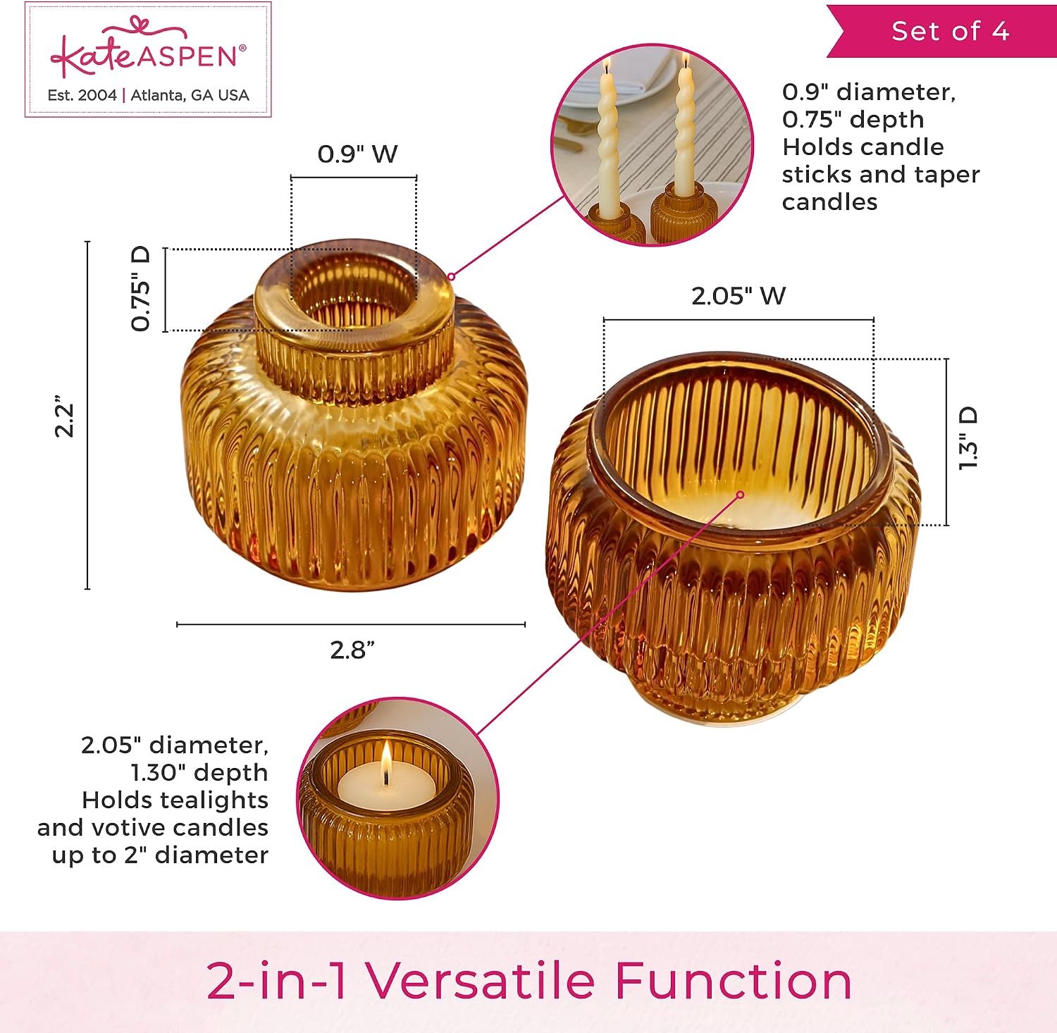 Kate Aspen Amber Taper Candle Holders for Candlesticks Set of 4 - Fluted Candlestick Holders for Fall Decor, Home Decor, Votive Candle Holder Decor, Tea Light Holder, Centerpiece Table Decorations