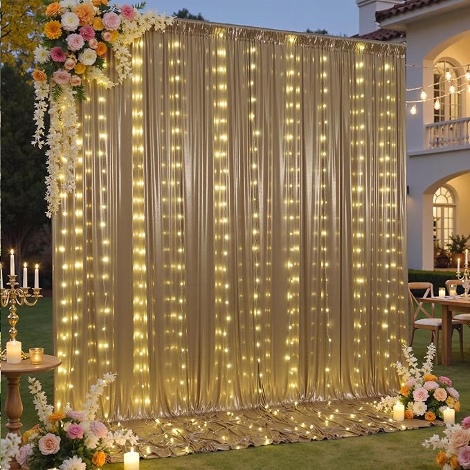 30x10 ft Champagne Sequin Backdrop Curtain with Lights for Parties, Wrinkle Free Glitter Photo Backdrop Drapes Shimmer Back Drop Cloth with Light Strings for Wedding Birthday Photography Background