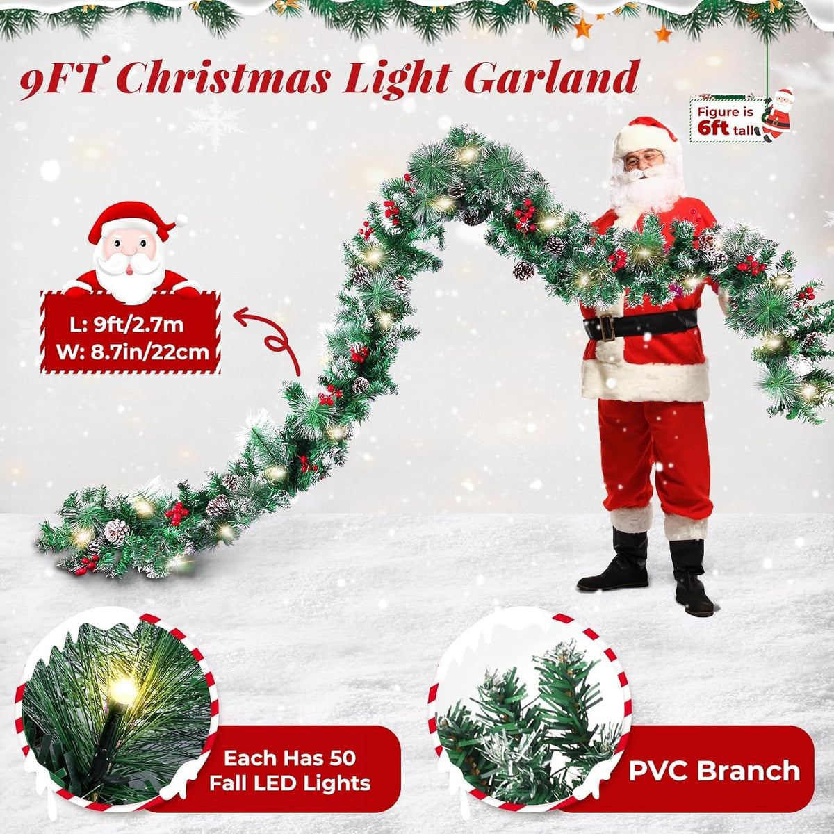blessedseason 9ft christmas garland with lights, timer artificial, close-up detail
