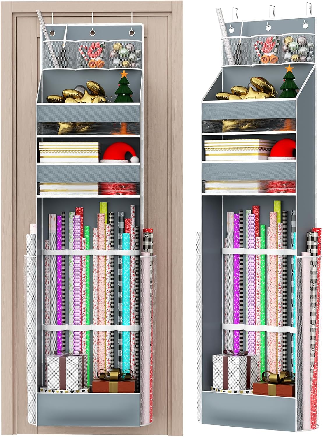 Hanging Gift Wrapping Paper Storage, Christmas Wrapper Bag Container, Long Craft Roll Organizer, Present Wrap Holder for Closet, Door (Gray)