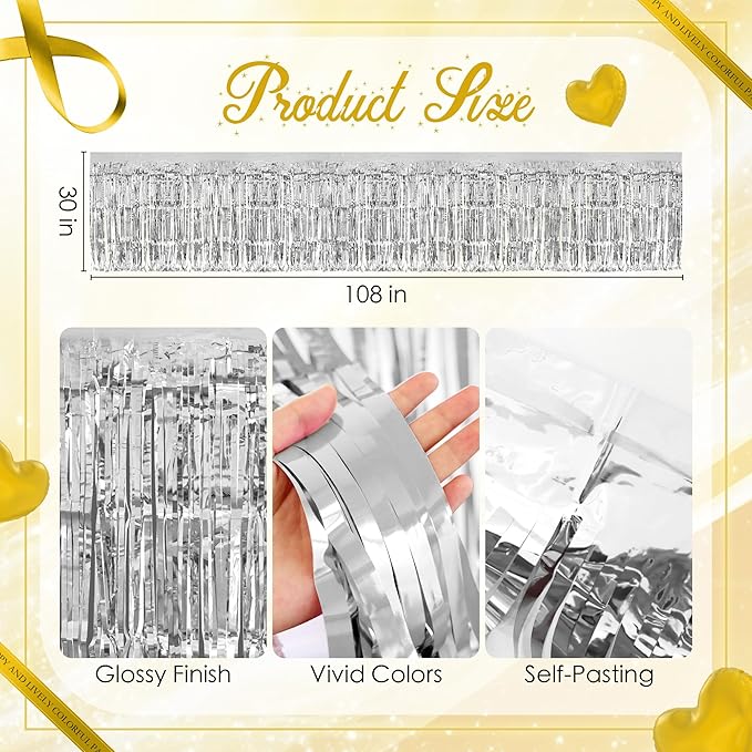 2 Pack Silver Table Skirts, 29x108" Metallic Foil Tinsel Fringe Table Skirts for Rectangle Tables Streamer Curtains Backdrop, Party Decorations for Birthdays Weddings Holidays
