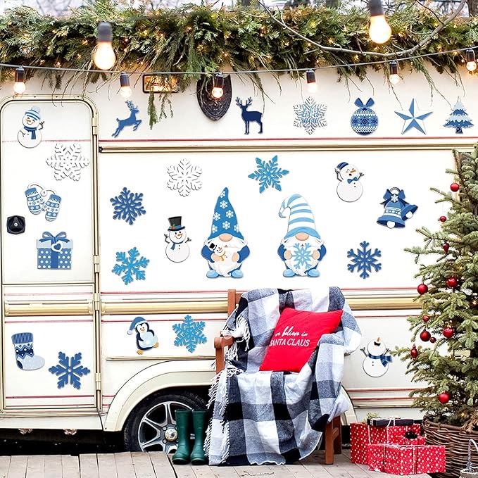 Xuhal 25 Pcs Christmas Magnets Decoration Winter Blue Gnome Snowman Snowflake Refrigerator Magnets Decorative Fridge Magnetic Stickers for Christmas Mailbox Car Metal Garage Door Decoration