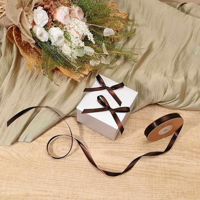 LaRibbons Brown Satin Ribbon 3/8 Inch 50 Yards Thin Luxury Double Faced Firar Brown Silk Ribbon for Flower Bouquet Crafts Gift Wrapping Wedding Christmas Decoration