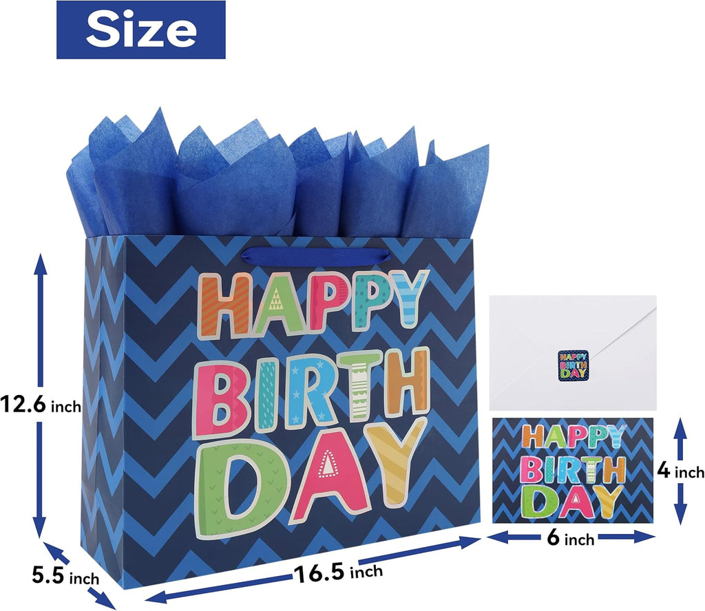 Qirrmiy 16.5” Extra Large Blue Happy Birthday Gift Bag Set with Handles, Greeting Card, Tissue Papers and Stickers for Men Boys Teens, for Kids' Parties, Laser Foil 'Happy Birthday' Design, 1 Pcs