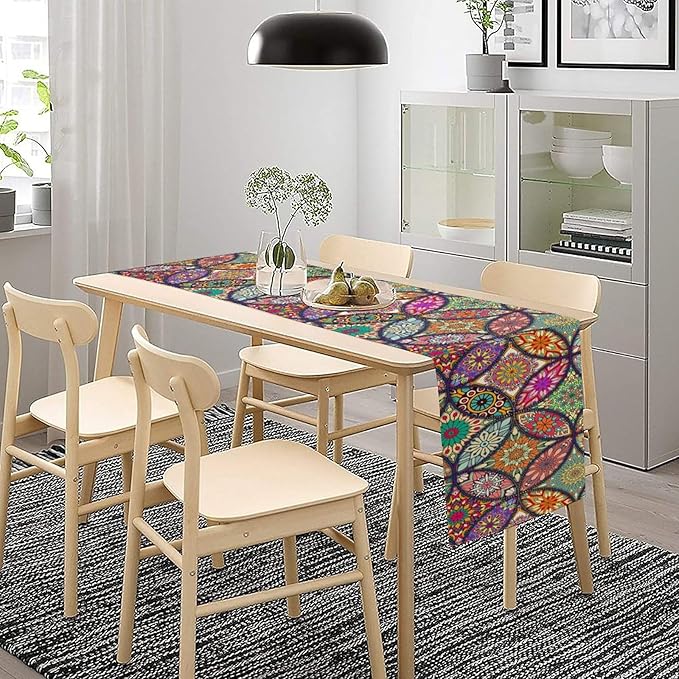 Boho Floral Table Runner,Colorful Flower Retro Bohemian Table Cloth Kitchen Dining Table Home Party Decoration 13x120 Inch