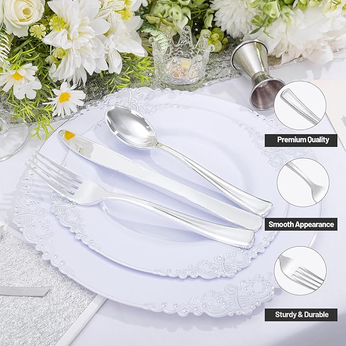 300Pieces Silver Plastic Silverware - Heavy Duty Disposable Utensils - Silver Plastic Cutlery Set Includes 100 Forks, 100 Spoons, 100 Knives for Dinner Parties Weddings