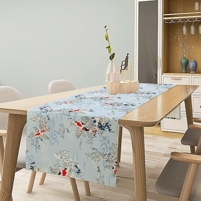 Kio Fish Table Runner Waves Retro Japanese Tradition Art Printed Burlap Runner Home Kitchen Dining Table Living Room Decor Fabric 1 Panel W13xL90in