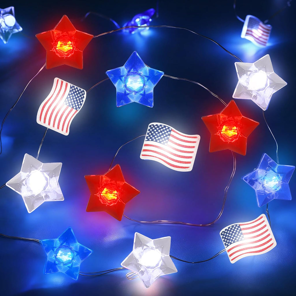 15FT 40 LEDs 4th of July Decorations String Lights Battery Operated, Red White and Blue Star American Flag Fourth of July Lights for Independence Day Memorial Day Patriotic Home Table Party Decor