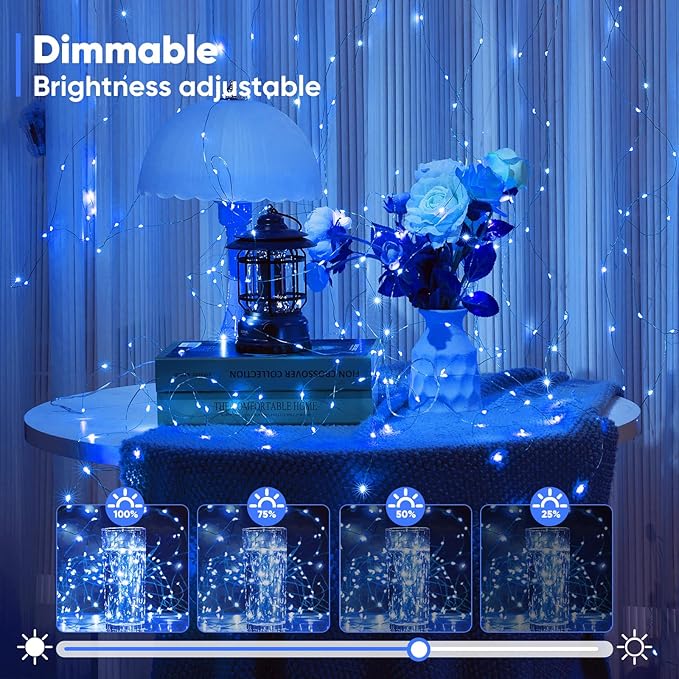 2 Pack 16.4 Ft. Battery Operated Outdoor String Lights with Remote & Timer, LED Blue Fairy Lights, Waterproof Twinkle Lights for Bedroom, Dorm, Mason Jar, Wedding, Party, Christmas
