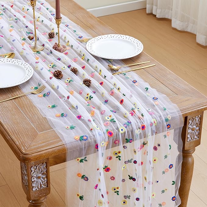 JIALE 3 Pack Ivory Floral Table Runner, Embroidery Daisy Seasonal Table Decorations, 120Inch 10FT Tulle Fabric for Home Decor, Bridal Shower Wedding, Baby Shower Parties, DIY Craft