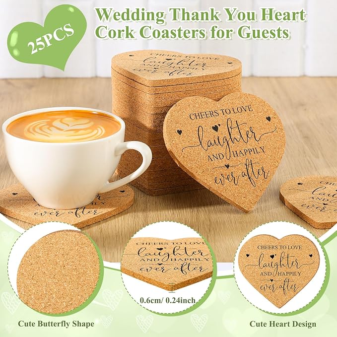 Uiifan 25 Set Wedding Favors for Guest Coaster Gifts Bulk Heart Shaped Coasters Thank You Cards Organza Bags Guest Souvenirs for Wedding Party Bridal Favors