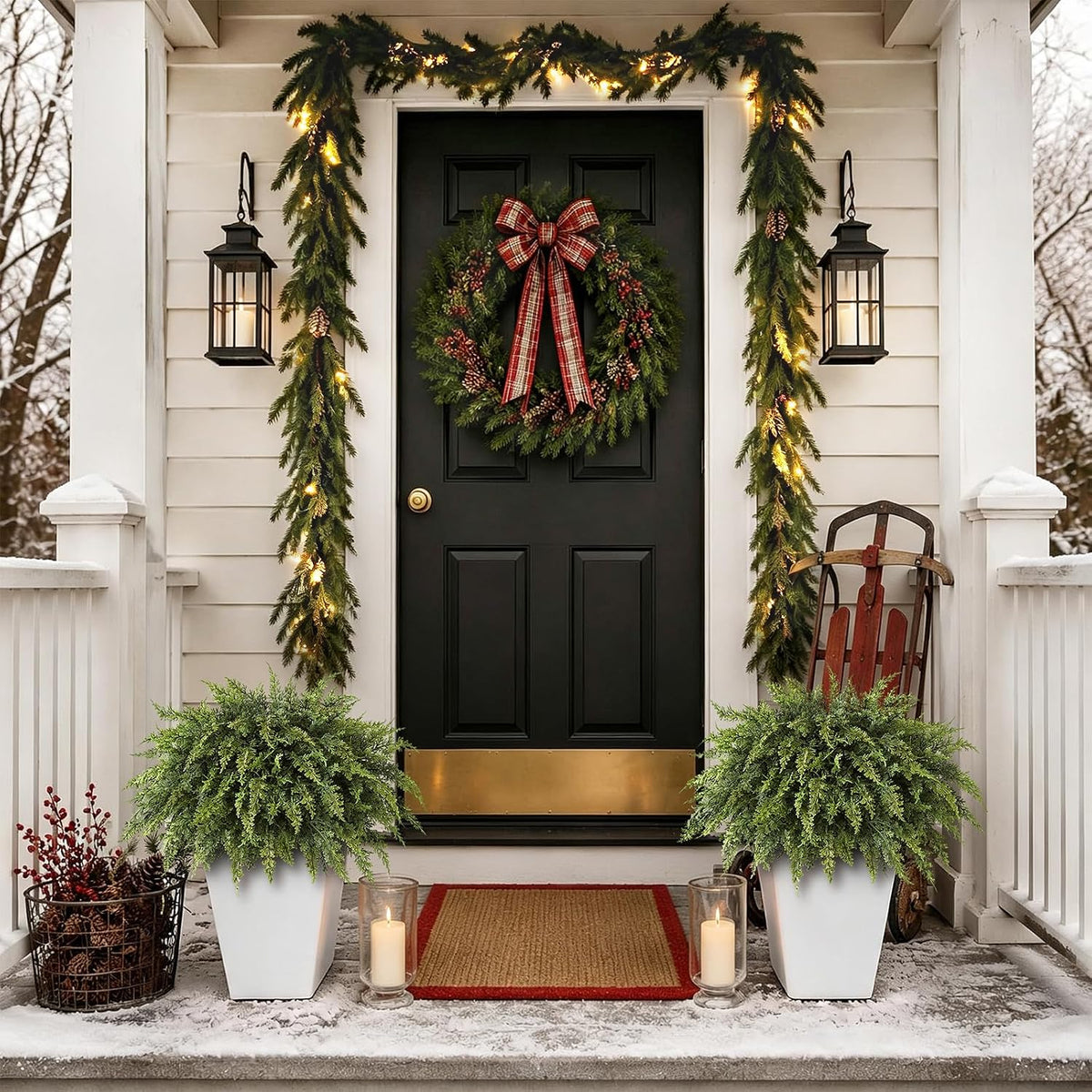 2Pcs Artificial Cedar Potted Plant Christmas Greenery for Front Porch Decor