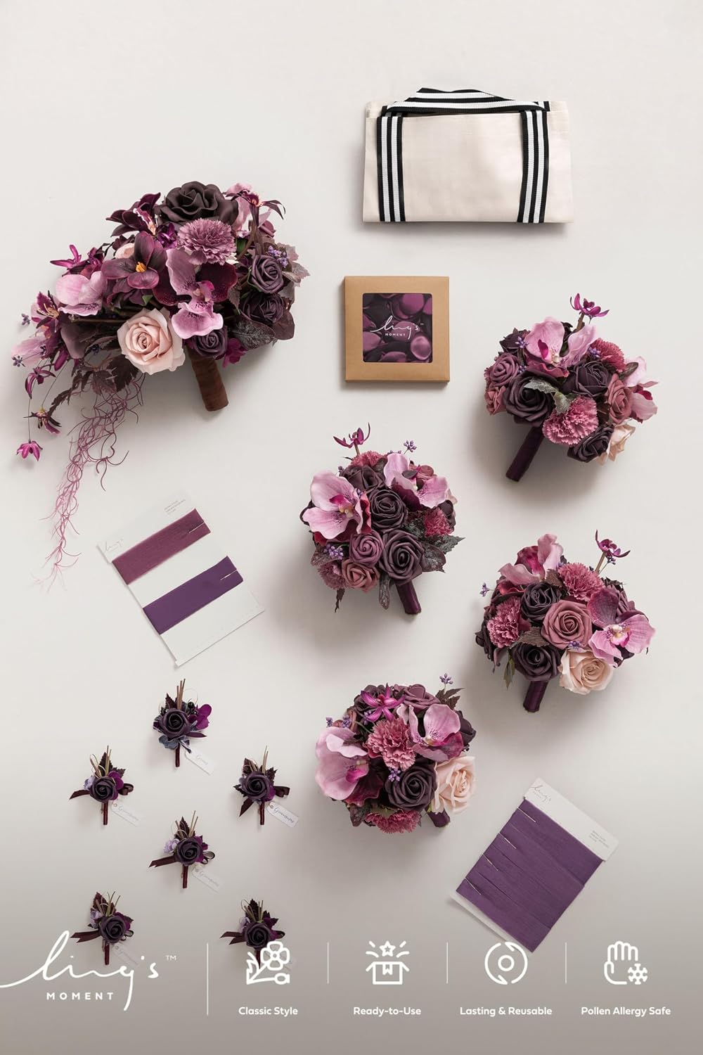 Ling's moment Wedding Artificial Flowers Package, Bridal Bouquet, Bridesmaid Bouquets, Boutonniere for Men, Rose Petals.Plum Lily Grape