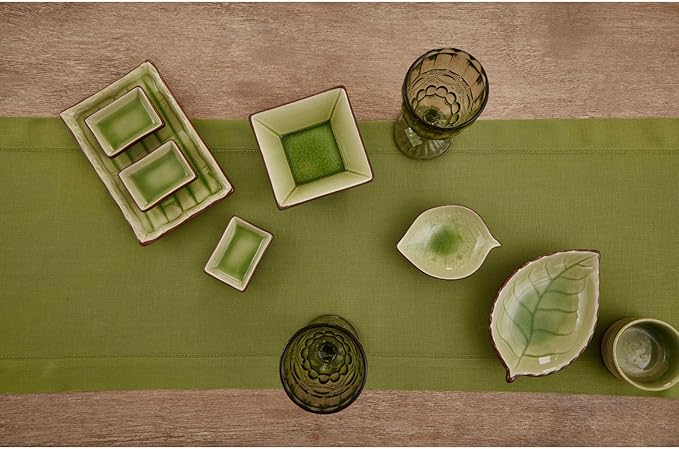Solino Home Linen Avocado Green Hemstitch Table Runner 60 Inches - 100% Pure Linen Small Table Runner 14 x 60 Inch Ideal for Dresser and Coffee Tables - Classic Hemstitch - Fall, Autumn, Thanksgiving