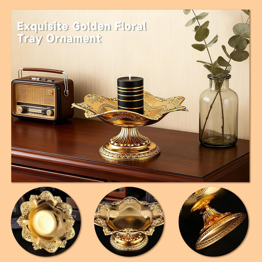 Golden Fruit Bowl for Kitchen Counter, Christmas Decorative Bowl for Home Decor, Serving Tray for Candy Dish Pedestal Floating Flowers Diwali Candles, Buddhist Offering Plate