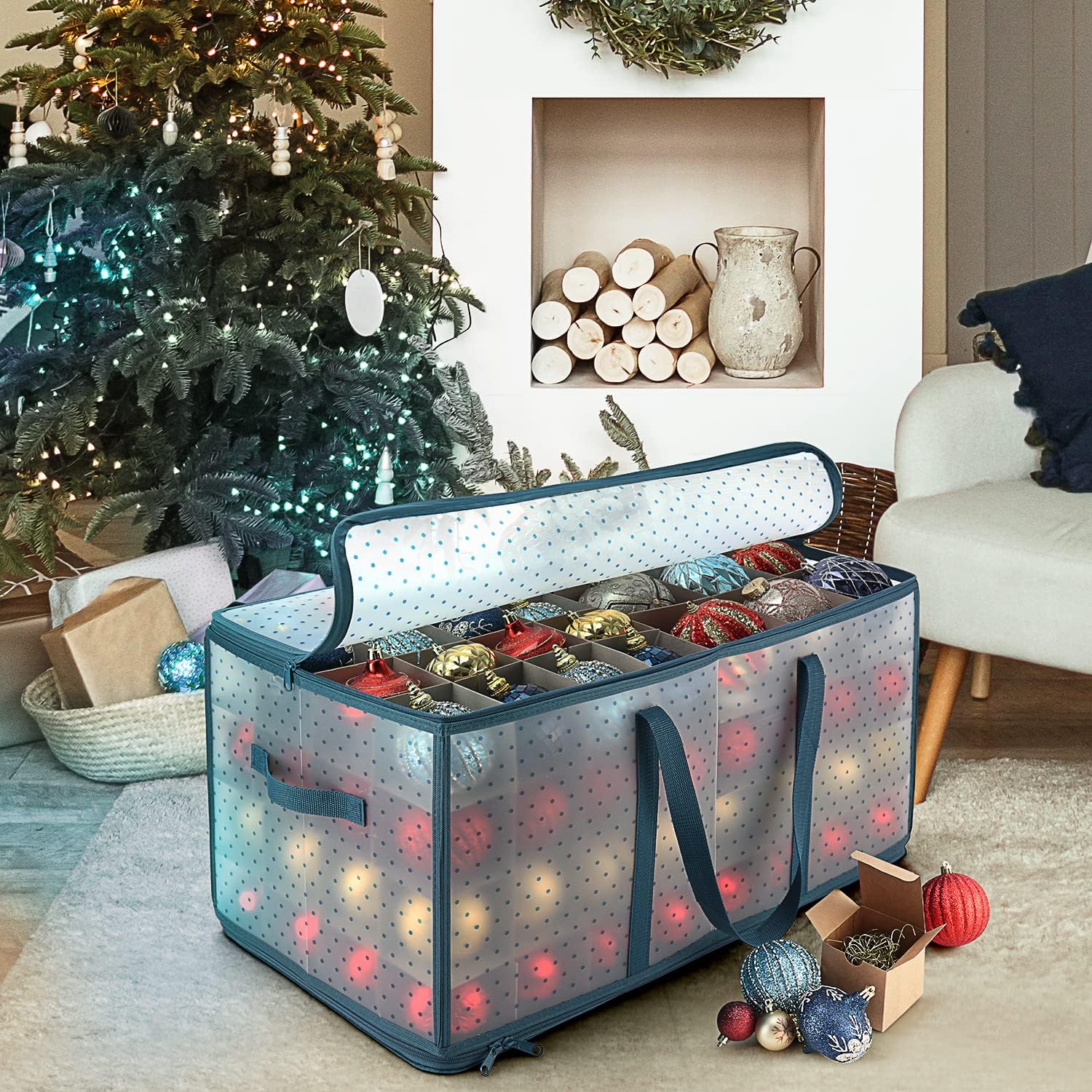 Large Christmas Ornament Storage Box With Adjustable Dividers - Plastic Ornament Storage Container For 128 Holiday Ornaments or Decorations - By Hearth & Harbor