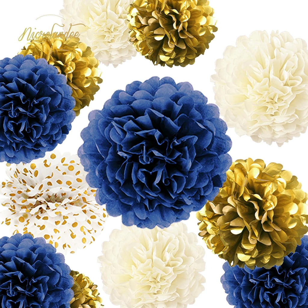 NICROLANDEE 15 PCS Navy Blue Gold Tissue Paper Pom Poms for Men Birthday, Baby Bridal Shower, Wedding, Bachelorette, Graduations, Navy Blue Engagement Party Backdrop Dot Paper Decorations