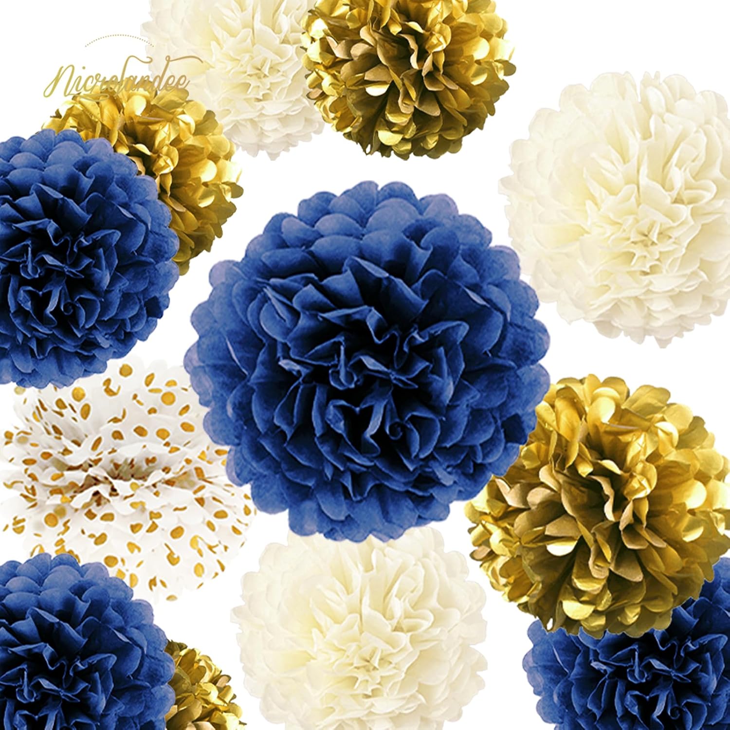 NICROLANDEE 15 PCS Navy Blue Gold Tissue Paper Pom Poms for Men Birthday, Baby Bridal Shower, Wedding, Bachelorette, Graduations, Navy Blue Engagement Party Backdrop Dot Paper Decorations