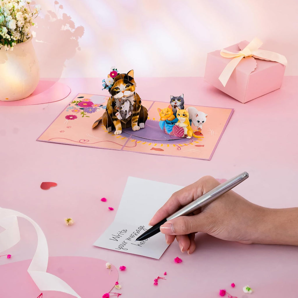 POPWOW Cat Mom Pop Up Card, Love You Mom, Kittens, 3D Popup Greeting Card, Gift For Mothers Day, Birthday, Valentines Day, Mother, Stepmom, Mother in Law, 5x7 - Includes Envelope And Message Note