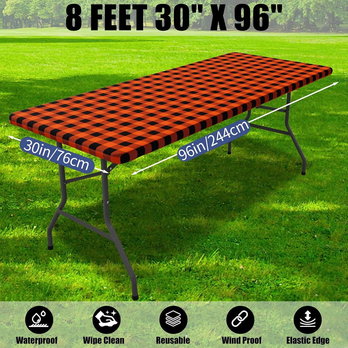 Smiry 8 Foot Picnic Table Cloth 2 Pack, Elastic Fitted Polyester Tablecloth