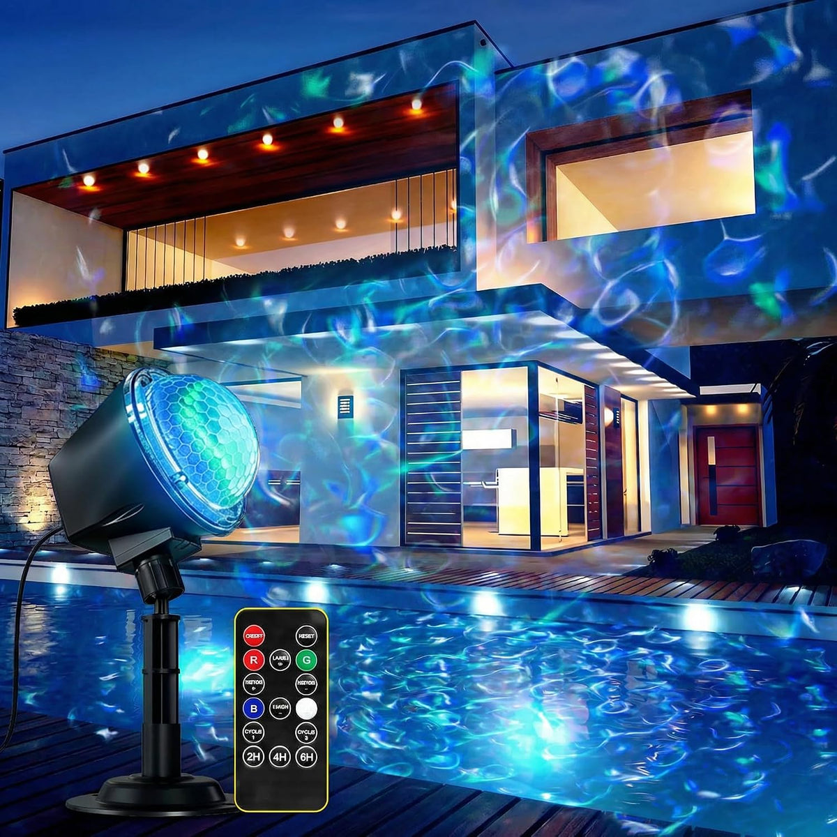 projector lights outdoor, 15 colors water wave ocean shown in use