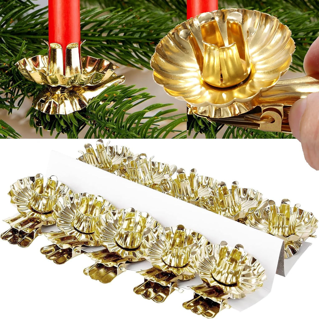 Candle Holders 20PCS Gold Flower-Shaped Metal Clip-On Candle Holders for Christmas Tree, Birthday, and Mother's Day Decorations (20, Gold)
