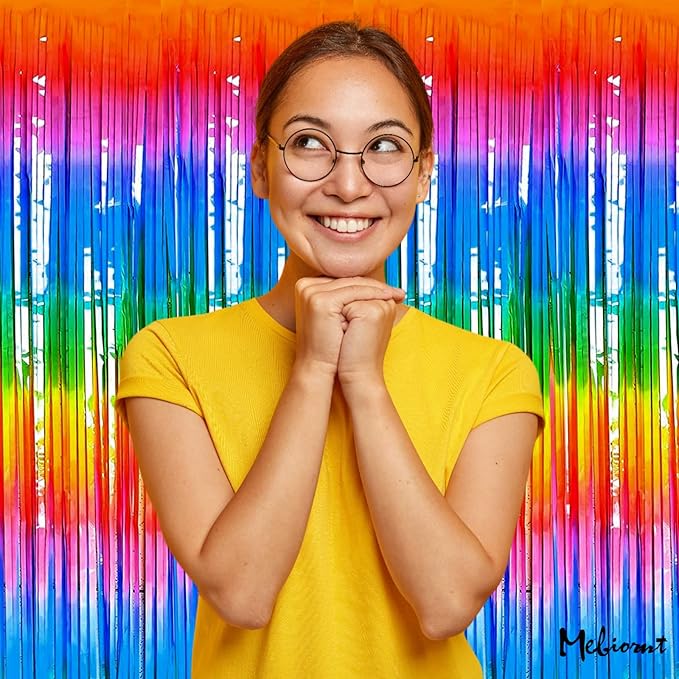 4 Pack New Dark Rainbow Fringe Curtain Backdrop, 3.2Ft x 6.6Ft Metallic Tinsel Foil Fringe Streamers Background for Photo Booth Birthday Wedding Carnival Easter Mother’s Day Party Decorations