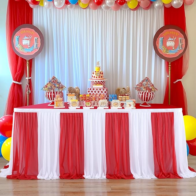 Reb and White Striped Table Skirt for Rectangle Tables or Round Tables for Carnival Circus Party 14ft Tulle Tutu Table Cloths Cover for Birthday Party Baby Shower Table Decorations