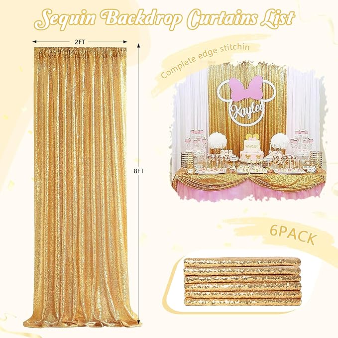 Gold Sequin Backdrop Curtain Drapes - Glitter Gold Curtains 6 Pieces 2ftx8ft Wedding Background Party Stage Birthday Decorations
