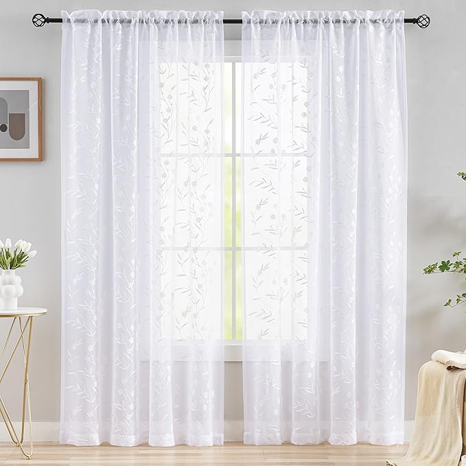 Embroidery Sheer Curtains White 95 Inches, Floral Pattern Window Treatments Rod Pocket Drapes for Living room, Bedroom, Semi Voile Curtain Panels for Yard, Patio, Villa, Parlor, Set of 2, 52"x 95".
