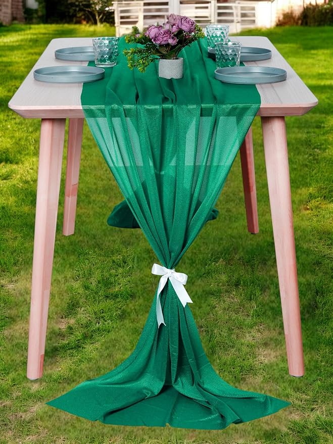 MDS 25 Pack 10ft Chiffon Table Runner 29 x 120 Inches Sheer Wedding Runner Romantic Rustic Table Runner for Wedding Decorations, Birthday Parties, Bridal Shower Party Arch Decor - Emerald Green