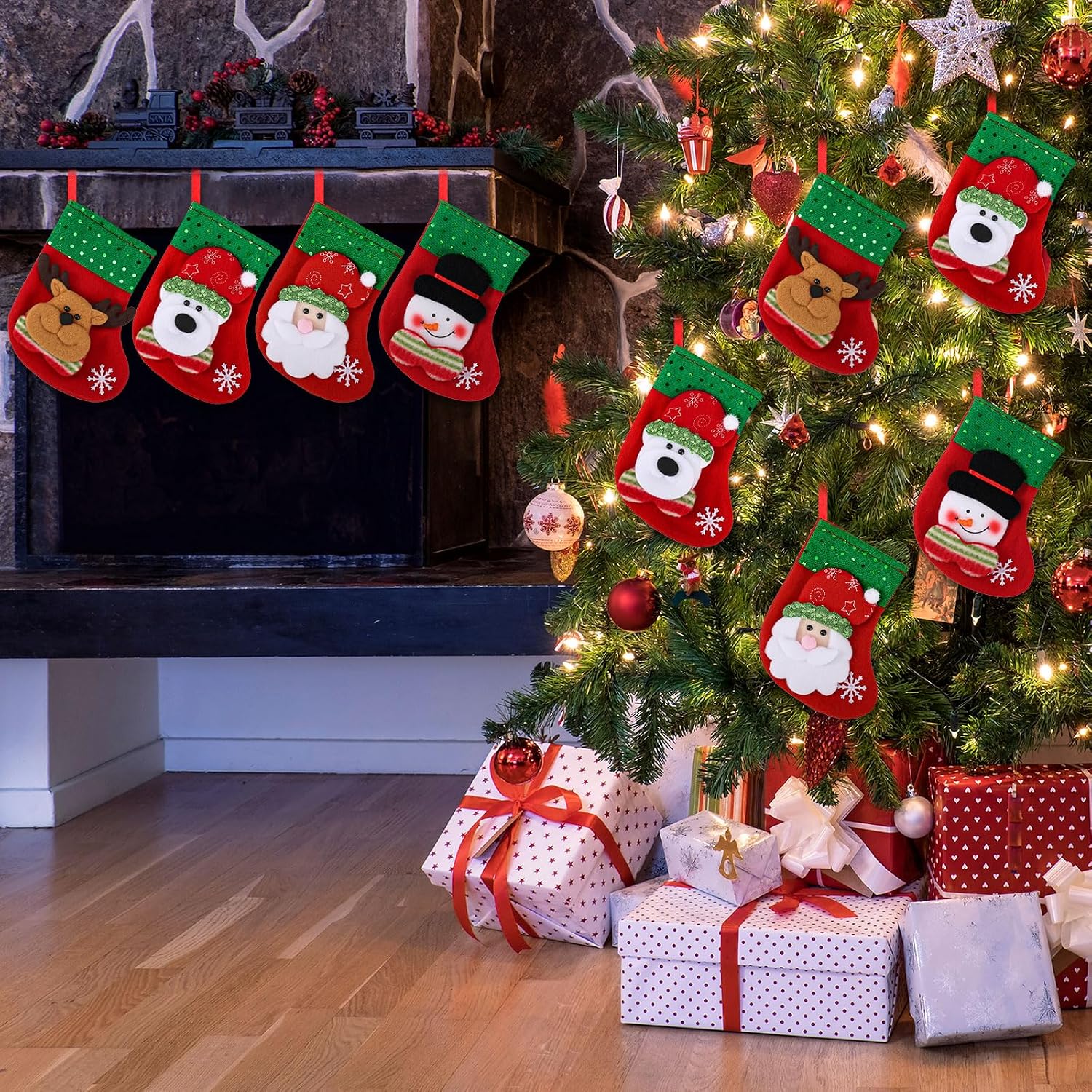Shappy 12 Pcs Mini Christmas Stockings Bulk 7" Small Felt Christmas Stockings Snowman Polar Bear Santa Claus Reindeer, Candy for Xmas Tree Fireplace Family Pet Party Favors Gift(Green,Sequins)